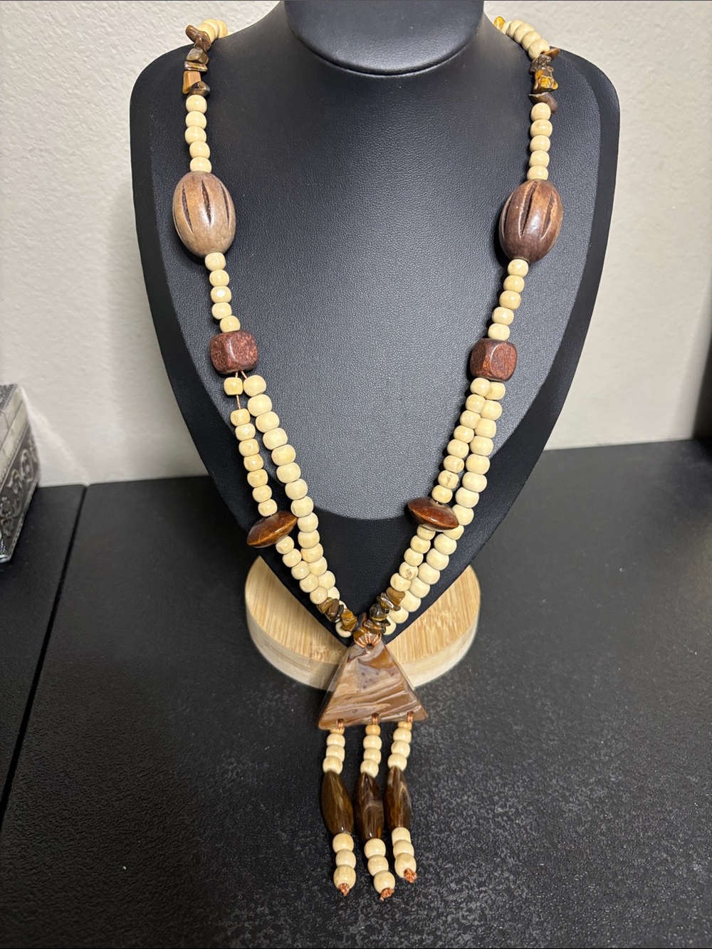 Handcrafted Natural Wood Bead Resin Marbled Lariat Necklace - Cream & Brown Boho